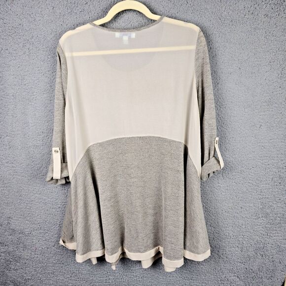 She + Sky Tunic Top Womens M Gray Beige Knit Semi Sheer Back Roll Tab Flowy - Picture 12 of 13
